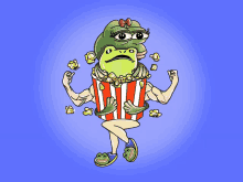 a frog is holding a bucket of popcorn