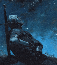 a knight with a sword looks up at the sky