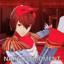 a cartoon character is dancing in a video game and the words nargio moment are on the bottom .