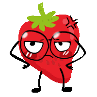 a cartoon illustration of a strawberry with glasses and arms