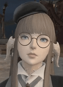 a girl wearing glasses and horns looks at the camera