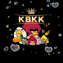 angry birds are surrounded by heart shaped bubbles and the logo for kbkk