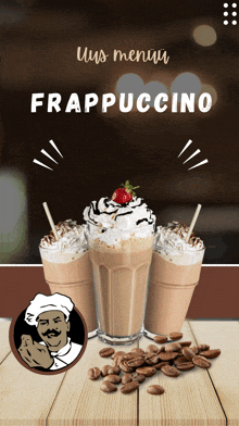 an advertisement for a frappucino with a chef on it