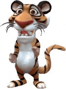 a cartoon tiger is standing on its hind legs on a white background and smiling .