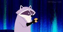 a cartoon raccoon is holding a donut in its paws in front of a blue background .