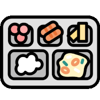 a tray filled with different types of food including rice and meat