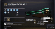 a video game screen shows a bottom dollar hand cannon with 1300 power