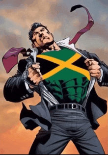 a man in a suit and tie shows off his jamaican flag shirt