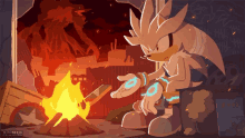 a cartoon of silver the hedgehog standing next to a fire with sonic channel written on the bottom