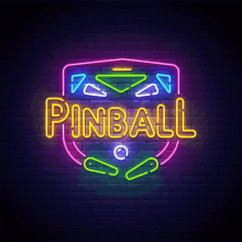 neon sign that says pinball on a brick wall