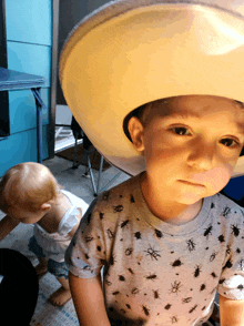 a little boy wearing a cowboy hat and a shirt with insects on it