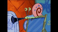 a cartoon of a snail playing a trumpet with the letter e on it