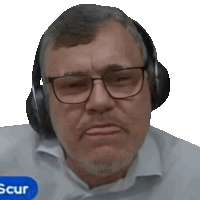 a man wearing glasses and headphones has a scar logo in the corner