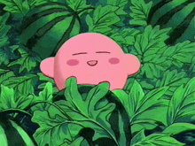 a pink cartoon character is sitting in a bush with a watermelon in the background