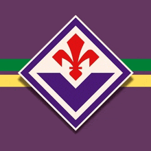 a purple and white emblem with a red flower on it