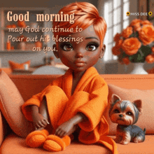 a doll sits on a couch next to a small dog and says good morning