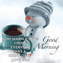 a snowman wearing a hat is holding a cup of coffee