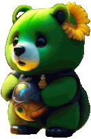 a green teddy bear has a yellow flower on its head