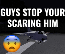 a poster that says " guys stop your scaring him " with an airplane in the background