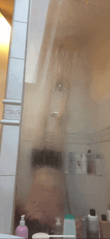 a woman is taking a shower in a bathroom behind a clear glass shower door