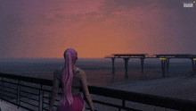 a woman with pink hair stands on a balcony overlooking a pier