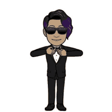 a cartoon of a man in a tuxedo with purple hair and sunglasses .