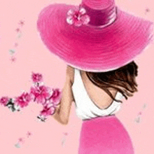 a woman is wearing a pink hat and holding a bouquet of pink flowers .