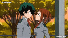 a boy and a girl are looking at each other in a cartoon .