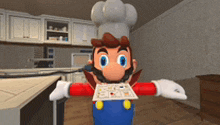 a cartoon character is wearing a chef 's hat and holding a piece of paper in a kitchen .