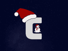 a snowman wearing a santa hat is behind a letter t