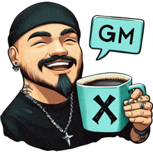 a cartoon of a man holding a cup of coffee with a gm speech bubble behind him