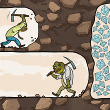 a cartoon of a man with a pickaxe and a frog with a hammer