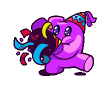 a purple teddy bear wearing a party hat is holding a balloon