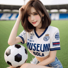 a woman wearing a white shirt that says museum bola holds a soccer ball