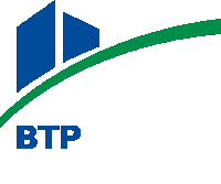 a blue and green logo for btp with a building