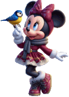 minnie mouse is holding a small bird on her finger