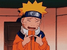 naruto is wearing a headband and a jacket and making a face .