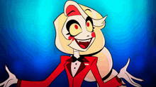 a cartoon character is wearing a red suit and bow tie and smiling with her arms outstretched .