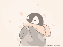 a drawing of a penguin with a scarf around its neck and the name niwazekisho on the bottom