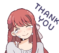 a girl with red hair is smiling and crying with the words thank you below her