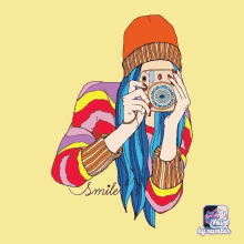 a girl with blue hair is taking a picture with a camera and the word smile is on the bottom right