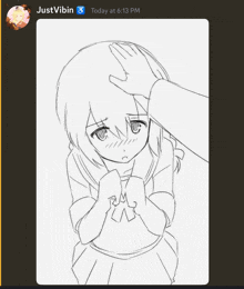 a black and white drawing of a girl being touched by a hand with justvibin written below it