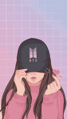 a girl wearing a bts hat covers her face