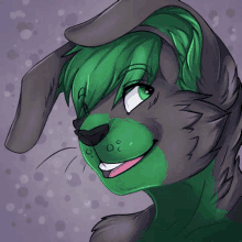 a drawing of a furry rabbit with green hair and a smile on its face .