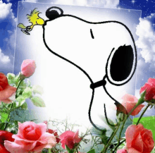 a cartoon of snoopy and woodstock surrounded by pink roses