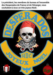 a poster with a skull wearing a santa hat that says desperados