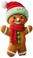 a gingerbread man wearing a santa hat and scarf with the letters a.c. on it