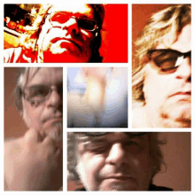 a collage of four pictures of a man wearing glasses