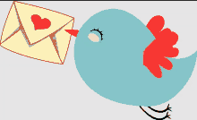 a blue bird with red wings is carrying an envelope with a heart on it