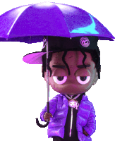 a cartoon character is holding a purple umbrella and has a tattoo on his forehead that says " mc coon "